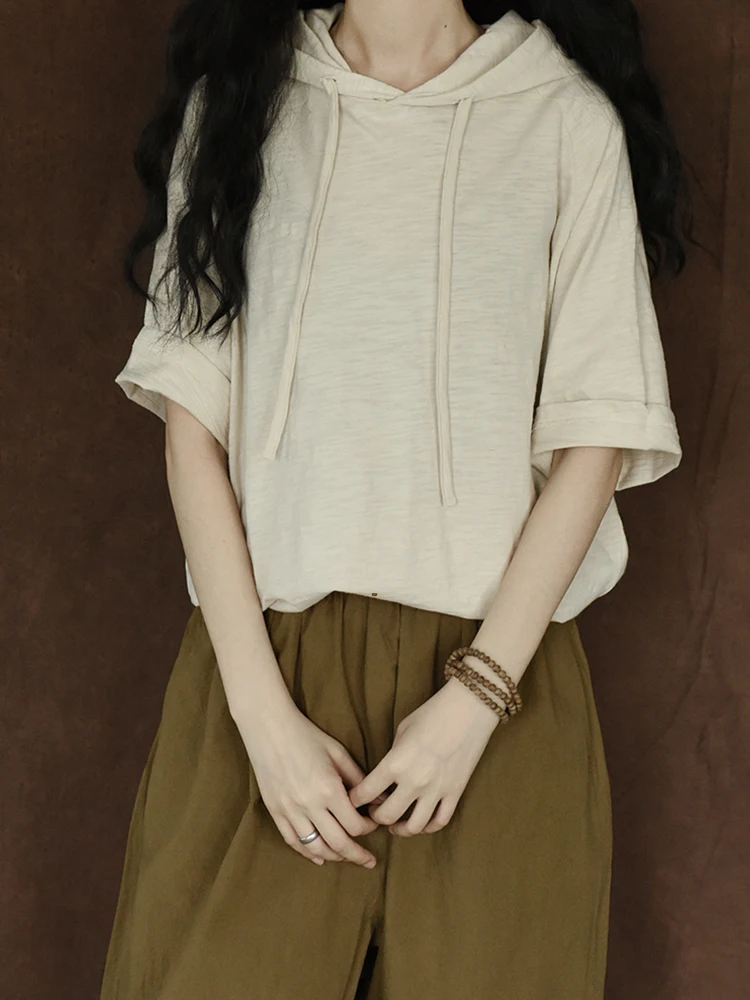 112-120 cm Bust / Femei de Vară Scurtă de Bază Casual Stil Japonia cu Gluga din Bumbac Confortabil Tees T-shirt