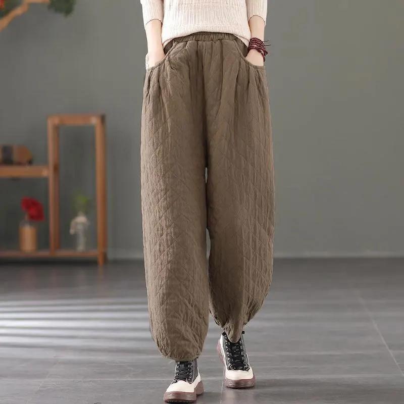 2021 Toamnă Iarnă Stil De Arte Femei Pantaloni Talie Elastic Liber Casual Ling Pantaloni Carouri Cald Îngroșa Bumbac Pantaloni Harem V650