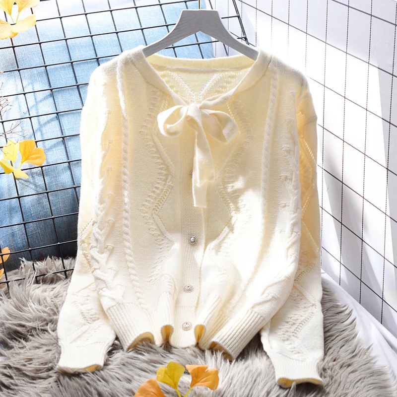 2022 Coreene Noi O Gâtului Siret Arc Cu Maneci Lungi Tricotate Cardigan Vintage Elegante, Sacouri Pulovere Toamna Dulce Cardigan