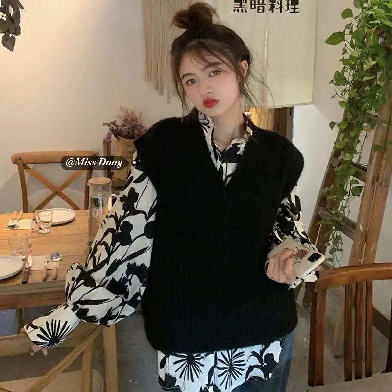 2022 Femei de Primavara Toamna coreene Noi Costume Femei cu Maneci Lungi Tricou de Imprimare + Vintage V-neck Vesta Tricotate Doamnelor Două Seturi de piese N48
