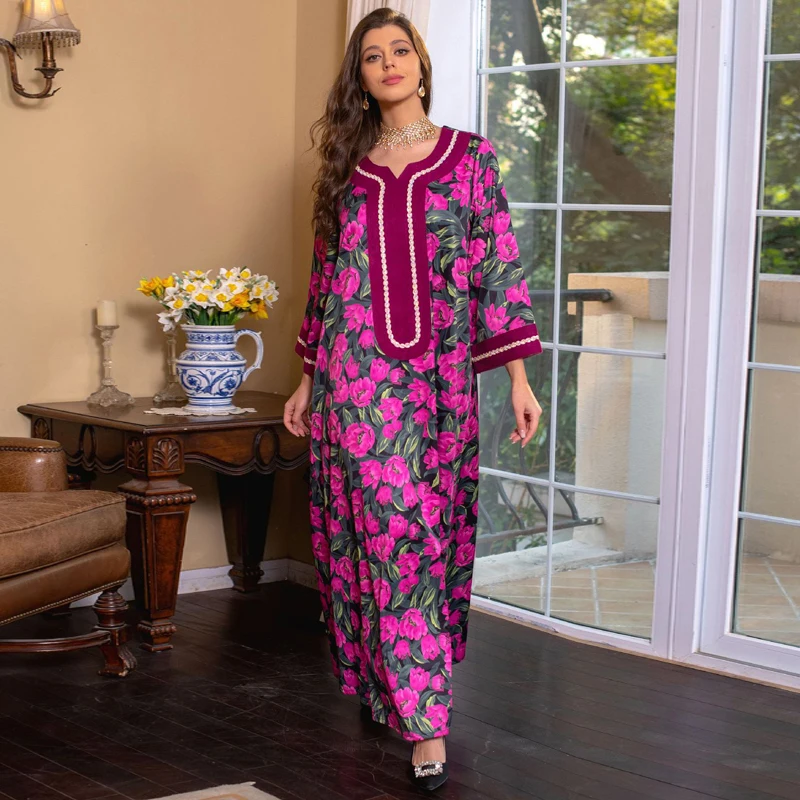 2023 Epocă Etnice Imprimeu Floral Rochii Rochie V-Gât Rochie Lunga Eleganta In Clos Maneca Arab Musulman Turc Eid Arabă Haine