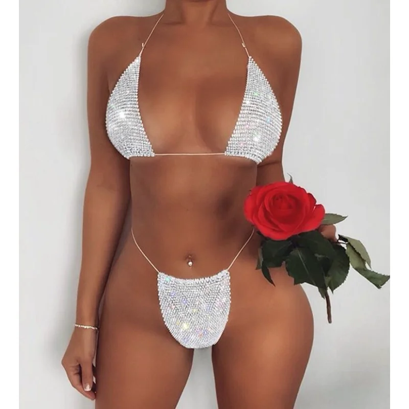 2023 Femei Costum De Baie Pe Plajă Uzura Culoare Solidă Reglabile Bust Talie Flash Diamante Set De Bikini Brazilian Costum De Baie 2 Buc