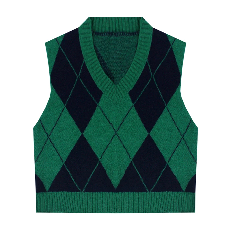 2023 Nou coreean Toamna Iarna V-neck Culoare de Potrivire Carouri Tricotate Vesta Verde Negru rochie fără Mâneci Scurte Tricot Vesta Femei Jumper
