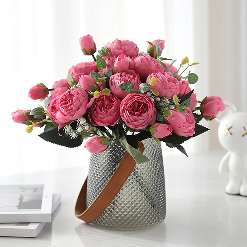 30cm Crescut de Mătase Roz Bujor Flori Artificiale Buchet 5 Cap Mare și 4 Bud Flori False pentru Decor Nunta cu Flori de plastic