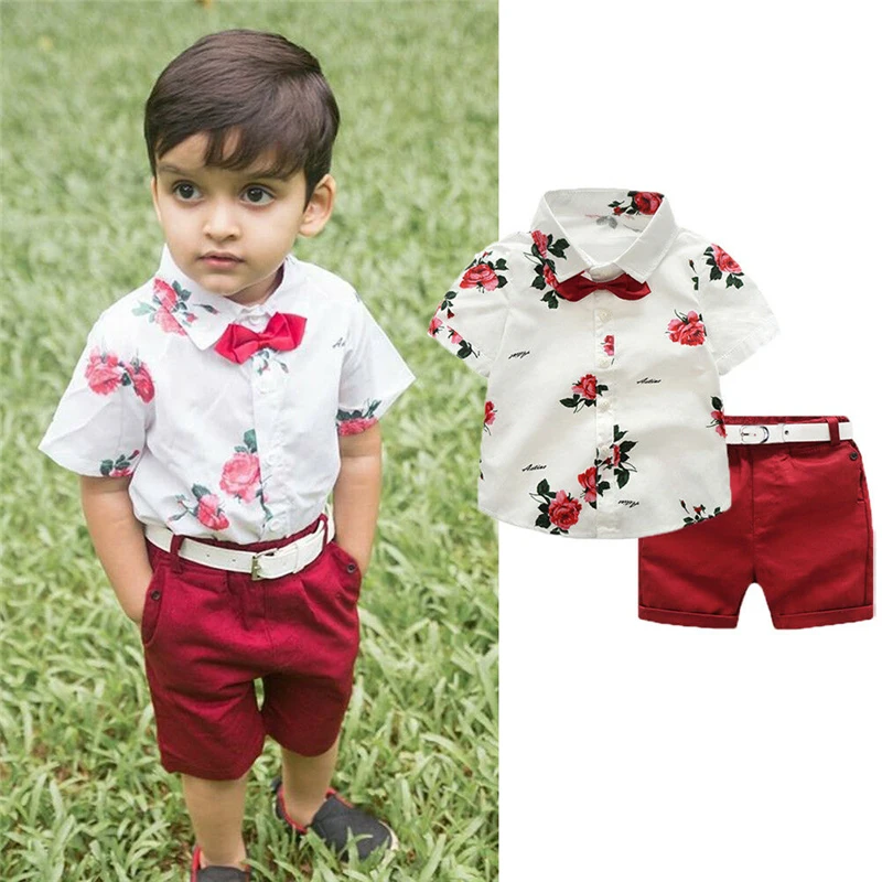 3Pcs Set Toddler Copii Baby Boy Domn Flori de Imprimare Tricou Alb Topuri + Curea de pantaloni Scurți Roșii Haine pentru Copii Costume Set 1-7 Y