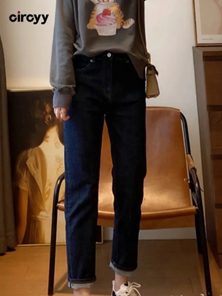 Circyy Blugi Cu Talia Inalta Femei Negru Denim Stretch Pantaloni De Iarnă 2022 Nou Casual Pantaloni Harem Moda Coreeană Slim Straight Blugi