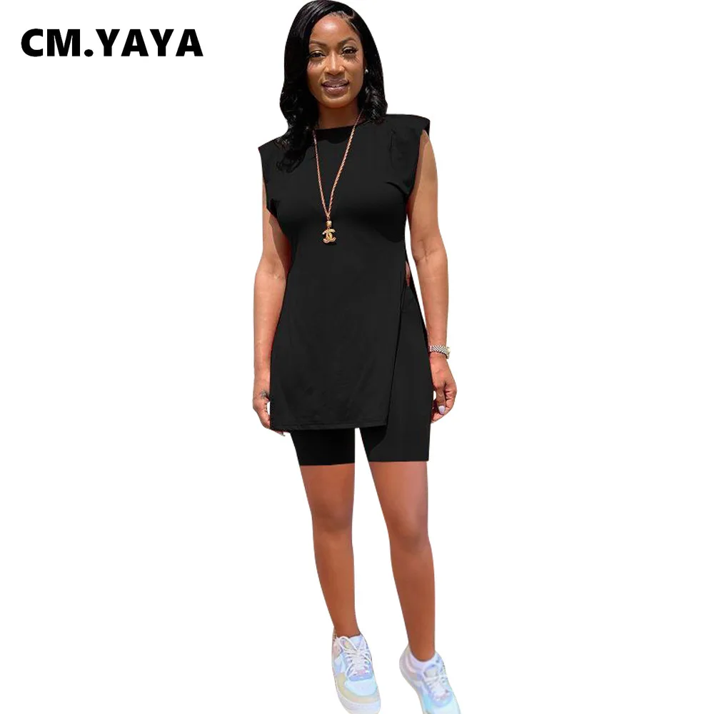 CM.YAYA Femei Set Solid de Lungă fără Mâneci Despicate Topuri Elastic pantaloni Scurți 2 Seturi de Piese Active Trening Trening cu Tinutele de Vara
