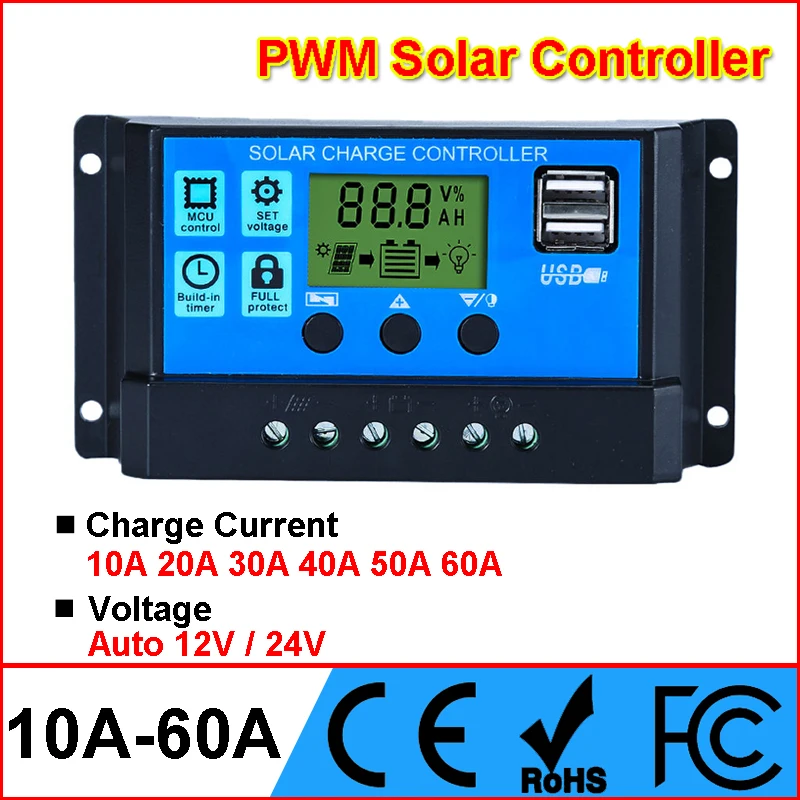 Controler de Încărcare Solar 12V/ 24V Panou Solar Charge Controller Regulator cu 5V Dual Port USB Setarea Timer PWM Auto Parametru