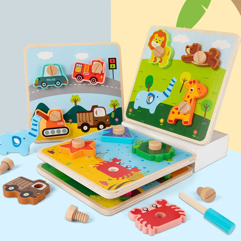Copii Puzzle-uri din Lemn Jucarii Montessori Copilul de Asamblare Puzzle Animale de Mașini Șurub Jucărie de Învățare de Învățământ de Mână Apuca Bord Puzzle-uri 3D