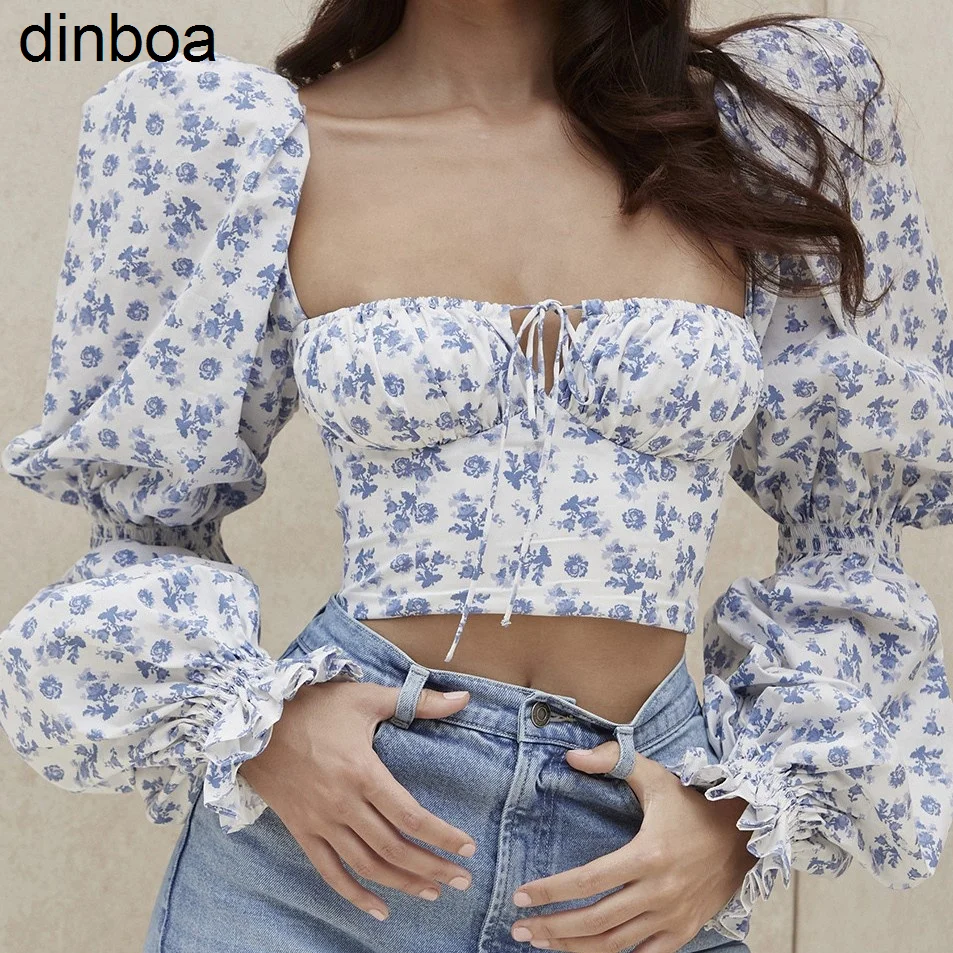 Dinboa 2022 Design Vestimentar Puf Zburli Maneca Lunga Bluze Pentru Femei Florale Imprimare Pătrat Guler Camasi Dama Casual Sexy Femei Topuri