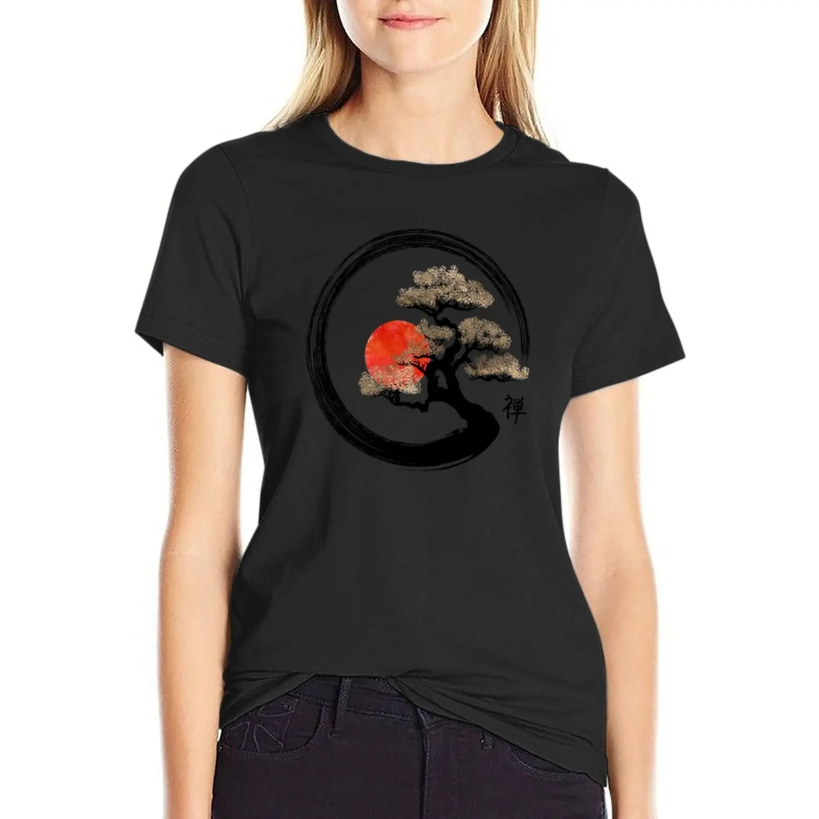 Enso Cercul și Copacul Bonsai pe Panza Tricou Supradimensionat t-shirt t-shirt rochie pentru Femei plus dimensiune