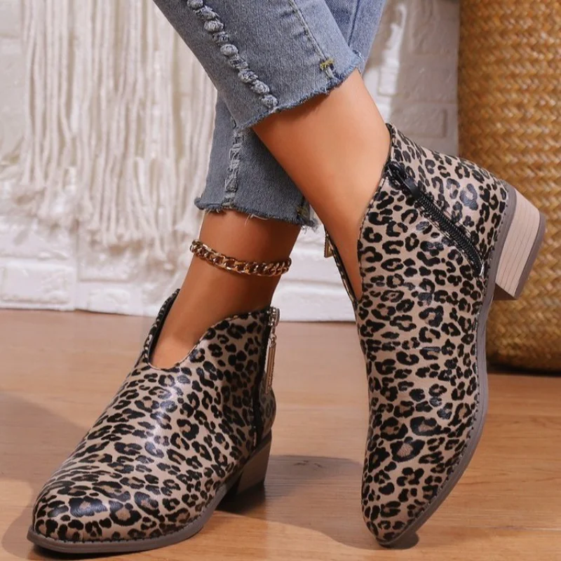 Femei Cizme 2023 Noi Subliniat Cu Fermoar Lateral Cizme Scurte Femei Pantofi Toamna Iarna Mari De Imprimare Leopard Glezna Cizme Zapatos De Mujer