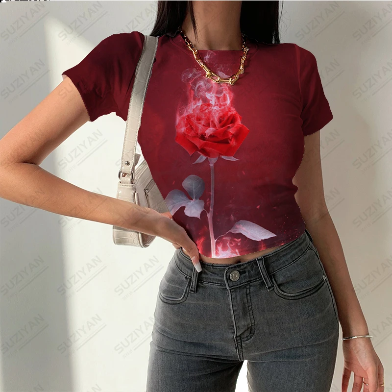 Femei Vara Noi de Moda de Top Scurt de Imprimare 3D Flacără Floare de Imprimare cu Maneci Scurte T-shirt Femei pe Gât Rotund Sexy Stil Casual Top