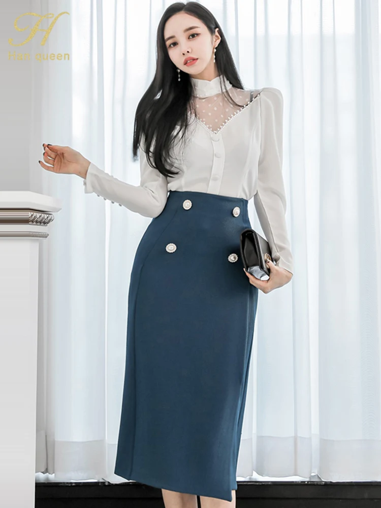 H Han Regina Fierbinte Vânzări Femei De Primavara Casual 2 Bucăți Set De Despicare Tricou Top + Moda Butoane Fusta Creion Coreean Chic Costum Fusta 