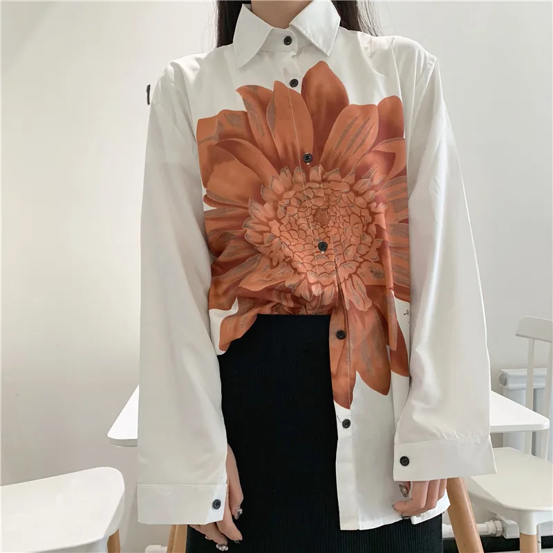 Harajuku Ulzzang Bluze Femei de Turn-Down Guler Maneca Lunga coreean Tricouri Vintage Flower Print Streetwear BF Blusas Femininas