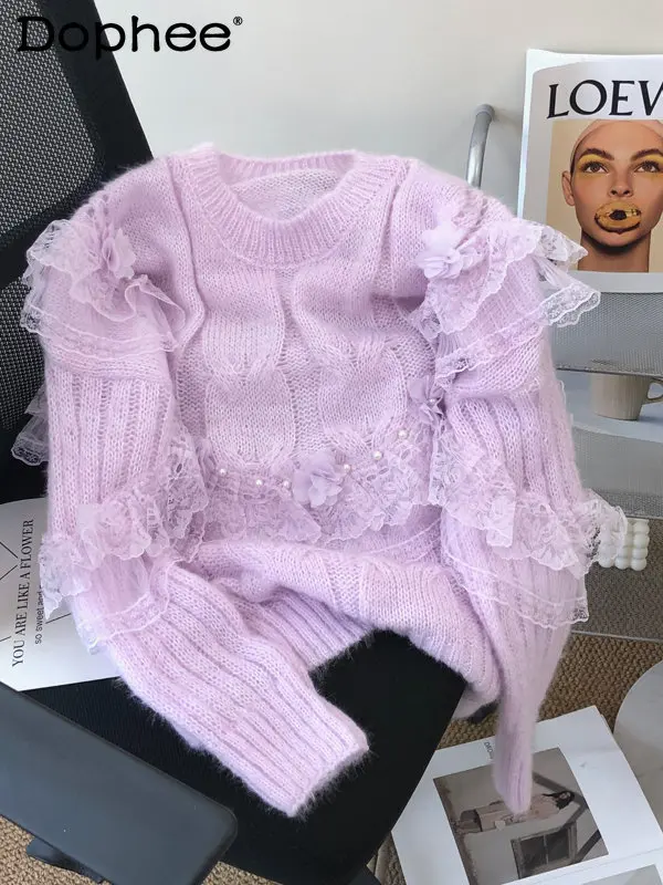Industria Grea Margele Dantelă Ciufulit Despicare Pulover Pulover Femei 2023 Primăvara Devreme Liber De Înaltă Calitate Violet Tricotate Pulover De Sus
