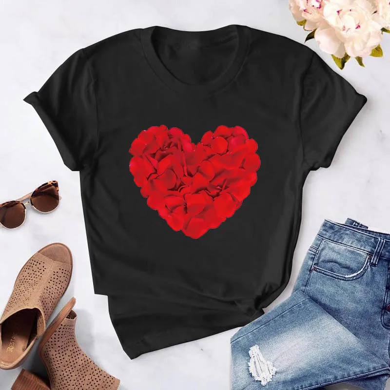 Inima De Flori De Imprimare Femei T-Shirt Doamnelor Ocazional O-Guler Camasa Alba Cu Maneci Scurte Doamnelor T-Shirt Dragoste Grafic De Imprimare
