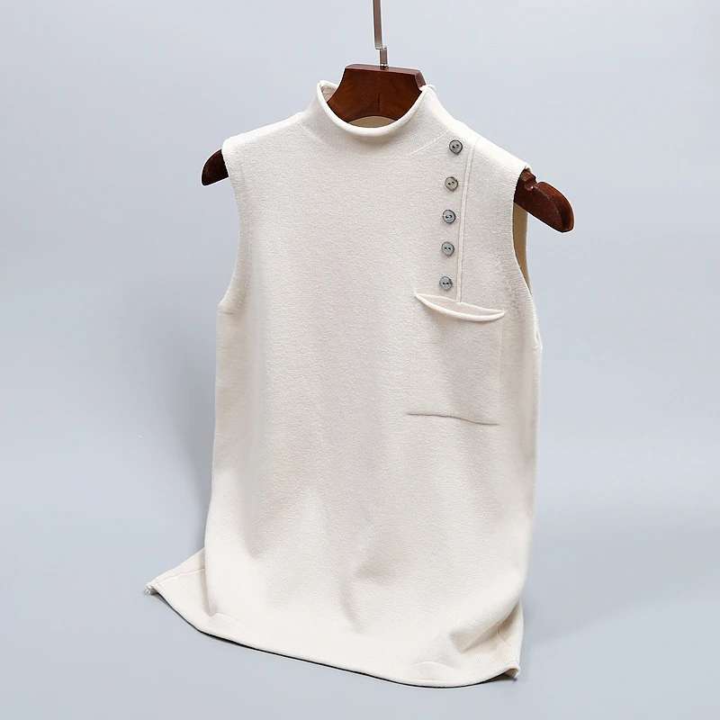Jumătate guler tricotate rezervor de top pentru femei de vară 2023 elegant de moda coreeană topuri fără mâneci alb negru