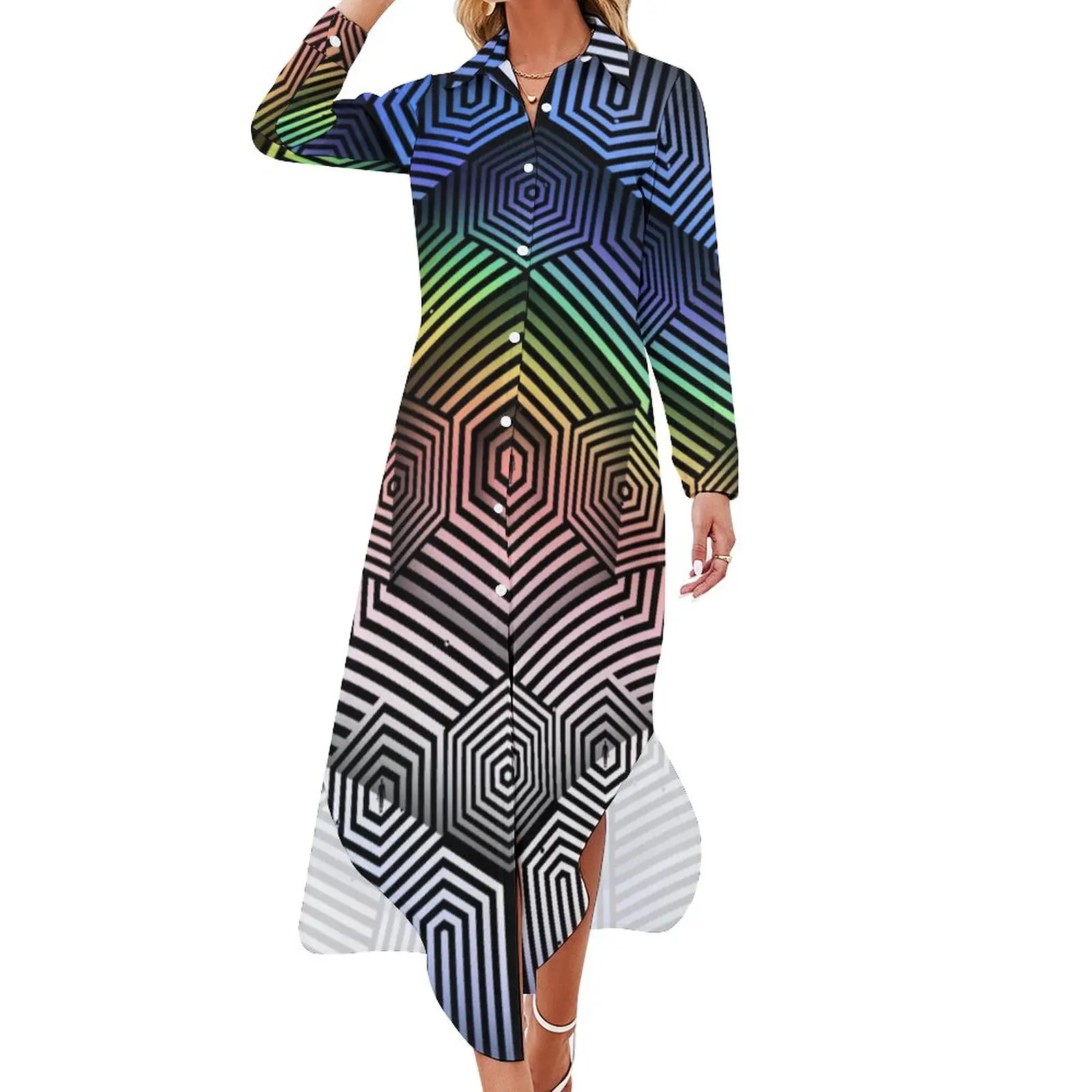 Neon Geometrice Șifon Dress Viziunea Străin De Imprimare Rochii De Plajă Pentru Femei Cu Maneca Lunga Elegante V Gât Grafic Supradimensionat Rochie Casual