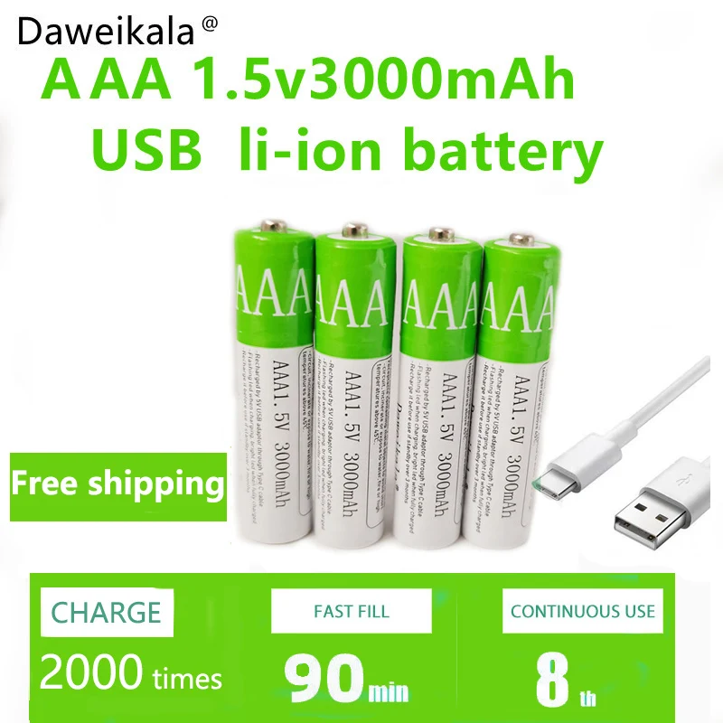 New2021 USB Baterii Reîncărcabile AAA 1.5 V 3000 MAh Li-ion Baterie pentru Telecomanda MouseElectric Jucărie Baterie + Tip-C prin Cablu