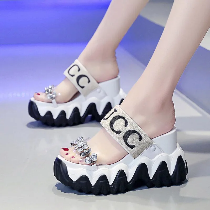 Noi 9/10 CM Tocuri inalte Tobogane de Vară Pene de Designer Stras Papuci Femei papuci Cupluri Pantofi Platforma Sandale în aer liber,
