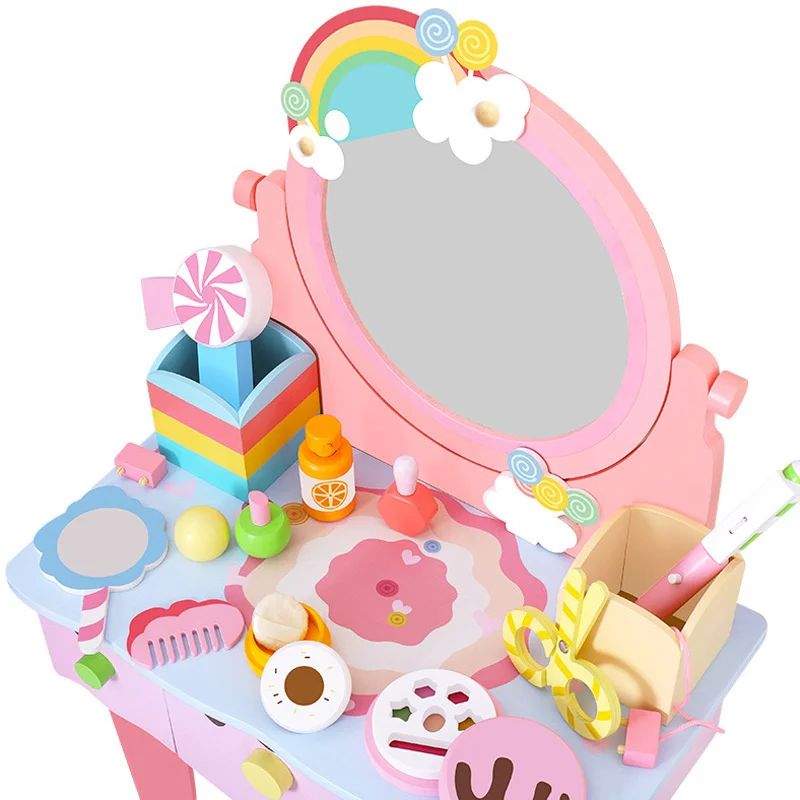 Noua Fată din Lemn Curcubeu Masa de toaleta Jucărie Simulare Ruj Unghii Machiaj pentru Copii Girl Make Up Cadou de Ziua ta Printesa