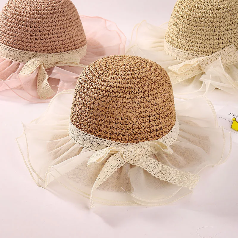 Noua Moda Dantelă Copil Pălărie de Paie de Vară Arc Fata de Copil Capac de Plaja pentru Copii Pălărie Panama Printesa Copil Palarii si Sepci pentru Copii 1 BUC