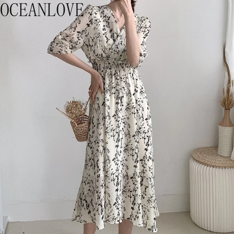 OCEANLOVE Sifon Rochie de Imprimare Florale V-Neck Maneca Jumătate Elegante de Vara, Rochii pentru Femei de Moda coreeană a-line Dulce Vestidos Mujer