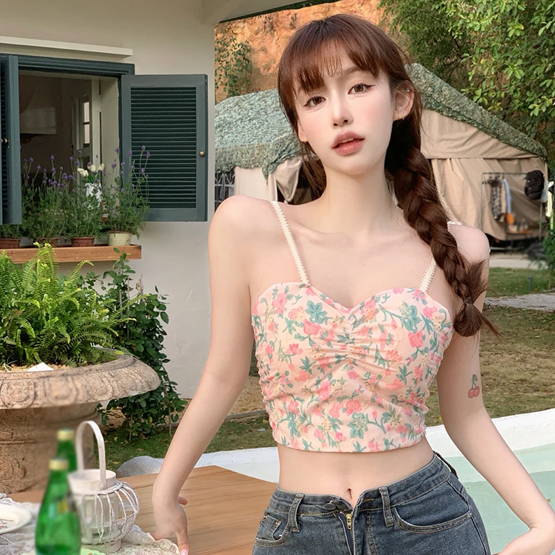 Sexy, Topuri Rezervor Buric Căptușit Femei Bretele Versiunea coreeană Floral Print Slim