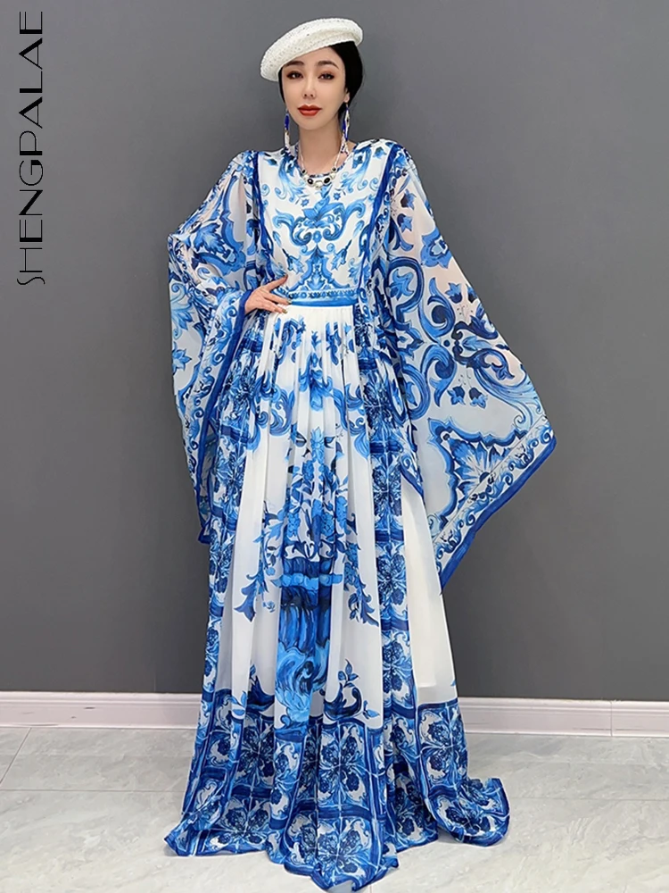 SHENGPALAE Moda coreeană O-linie Elegant pentru Femei de Culoare de Contrast de Imprimare Rochii Rumpet Maneca O-neck Dress 2023 Primăvară Nouă 5R665