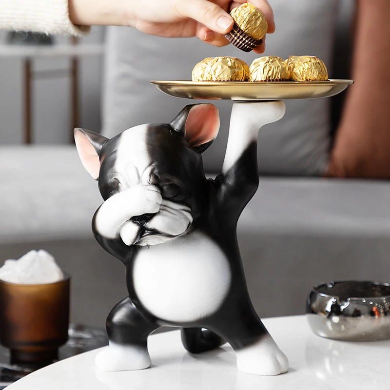 Simulare De Animale Sculptura Rășină Câine Bulldog Bagaje Tavă Depozitare Desktop Tava De Fructe Cheie Placă Figurine Decorative Decor Acasă