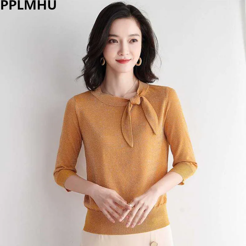 Tricot Femei Arc Nouă Sfert Maneca tricouri Top de Vară de Cauzalitate Chic Scurt-Maneca Tricotaje Tee coreeană de Moda Elegant de Birou Tshit