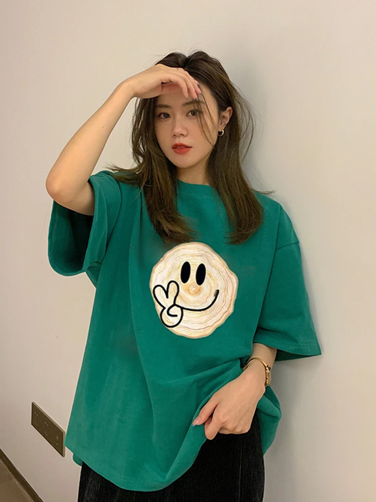 Vara 2023 Moda pentru Femei din Bumbac Alb de Sus Haine pentru Femei Vrac Smiley cu Maneci Scurte T-shirt Kawaii Haine Harajuku Feminin