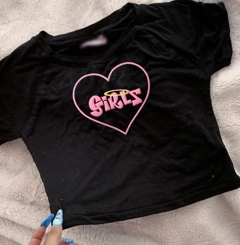 Vara Femeile de Imprimare goth haine tricou Fata Y2K Moda în formă de inimă de Imprimare Topuri Tee Gril Haine Negre,Picătură Navă