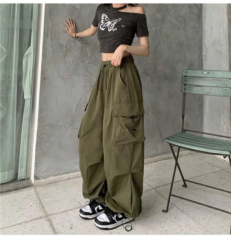 Vintage Supradimensionat Gri Pantaloni de Marfă Y2K coreean Parasuta Armata Verde largi Largi Largi Picior Jogger American Retro Pantaloni Femei