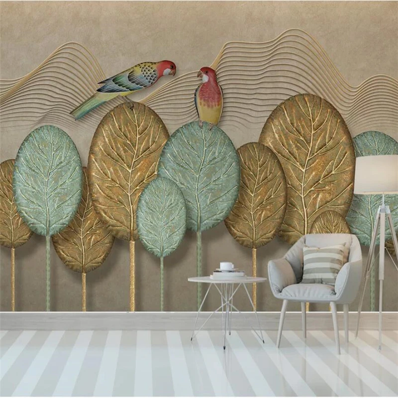 wellyu Personalizate 3d tapet mural Nordic minimalist abstracte pictate manual frunze de aur pădure papagal tapet de fundal обои