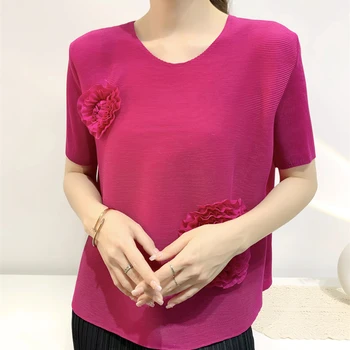Miyake Cutat Șic Aplicatiile de Flori Simplu T-shirt 2023 Vară O-gat Maneci Scurte de sex Feminin Elegant Vrac Top Casual pentru Femei