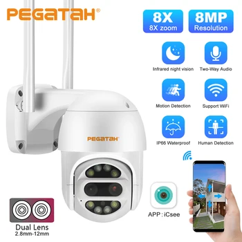 PEGATAH 8MP 4K Dual Lens WiFi Camera PTZ Zoom 8X, AI Omului de Urmărire în aer liber rezistent la apa de Securitate Video, Camere de Supraveghere ICsee