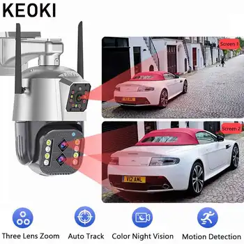 Keoki 2K 4MP Camera WiFi Trei Lentile Dual Ecrane în aer liber, 10X Zoom Protecție de Securitate CCTV de Supraveghere Video PTZ de Urmărire Automată