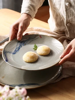 Gresie retro rotund placa de mână-pictat tacamuri de vest friptura plate placă ceramică mic dejun superficial placa stil Japonez