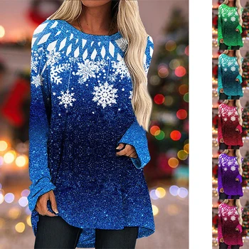 Elegante Femei pe Gât Rotund Rochie de Zăpadă de Imprimare Toamna/iarna Casual Femei Top T-shirt XS-8XL