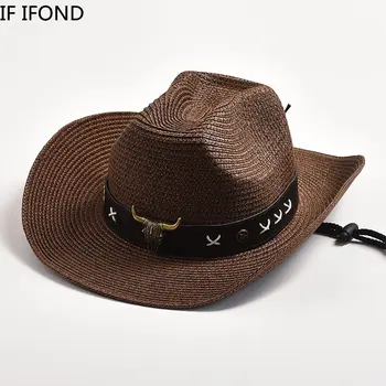 Noi Paie de Vest Pălării de Cowboy cu Metal Cap de Taur Decor Domn Jazz Sombrero Hombre Capac de Călătorie în aer liber Plajă, Pălării de Soare