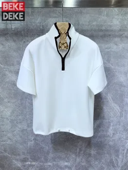Designer Cu Fermoar Guler Stand Business Casual Tricou Bărbați Vară Vrac Fit Maneca Scurta Topuri Vrac Se Potrivi De Moda Pentru Bărbați T-Shirt