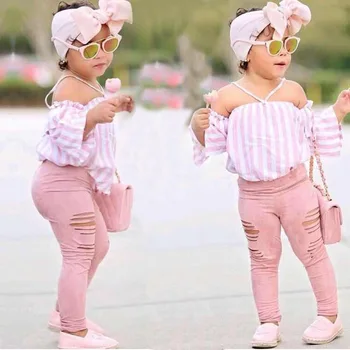 3pcs/set Copii Seturi pentru Fete Ins Copilul la Modă pentru Fete Pulbere de culoare Roz Dungă Nou-născut de Pe Umăr de Sus Perforate Pantaloni Set articole pentru acoperirea capului