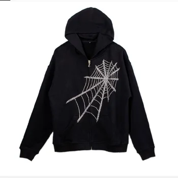 Y2K Gotic Stras Spider Web cu Fermoar, Hanorace Femei Harajuku Punk Supradimensionate Jachete Toamna Streetwear Liber Jacheta cu Gluga
