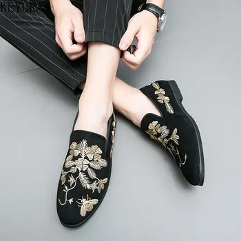 Mocasini Barbati Pantofi De Lux, Designer De Moda Negru Imitație De Piele De Căprioară De Aur Broderie Flori De Afaceri Pantofi Casual Sapatos Hombre Para