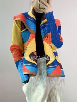 Miyake Cutat Curcubeu Geometrice Imprimate Jachete Femei 2023 Primăvară coreean Designer de Moda cu Maneci Lungi cu Un singur buton Cardigan Strat