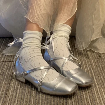 Primăvara Square Toe Pantofi De Balet De Moda Low-Toc Pantofi Mary Jane Casaul Cruce De Argint Cataramă Superficial Talpă Moale Pantofi