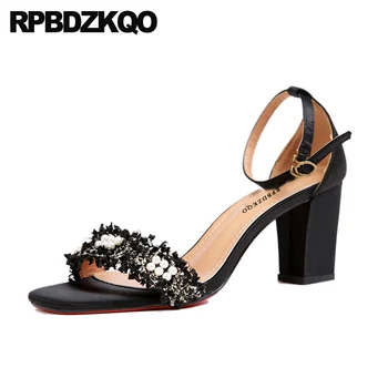 Pantofi De Lux Pentru Femei Designer Gros 2021 Bloc De Vară Indesata Sandale Negre, Curea Glezna Perla Sandale Pista Pompe De Înaltă Calitate