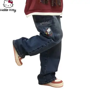 Anime Sanrio Hello Kitty, Pantaloni din Denim Fata Y2K Blugi Vintage Pantaloni Largi Picior Streetwear Femei Blugi Drepte Haine Casual